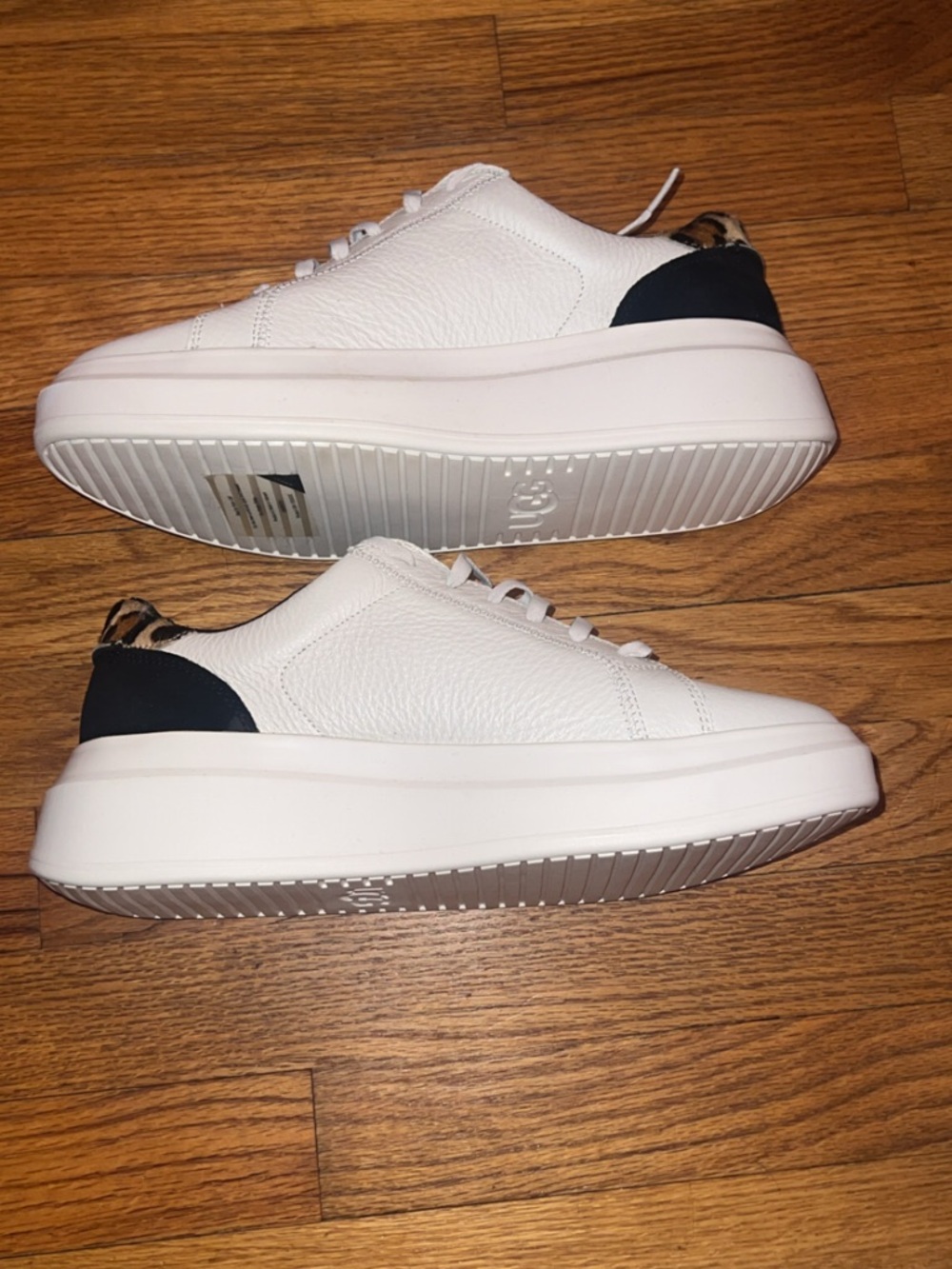 UGG White Leather Sneakers with Leopard Tongue Accent - Picture 3 of 4